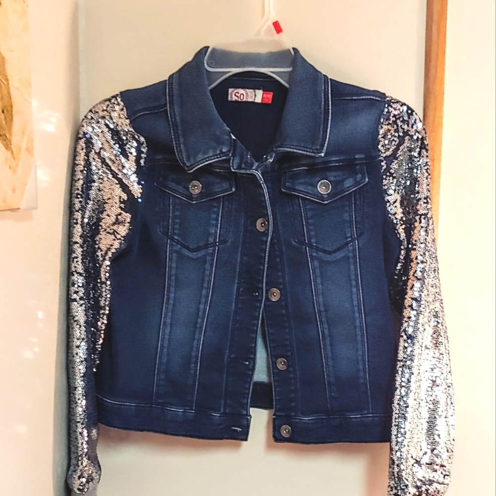 Girls SO Stretch Denim Sequined Sleeve Jacket